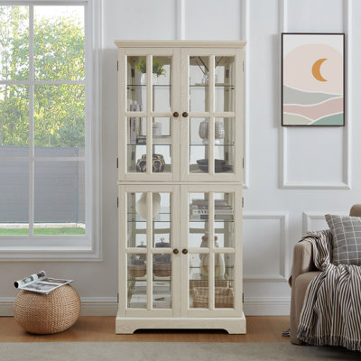 Curio Display Cabinet, Antique Display Cabinet with Glass Doors Adjustable Shelves for Collectibles Four Door Design Vintage Showcase for Home or Office Antique Display Case E26 Bulb Included WHI