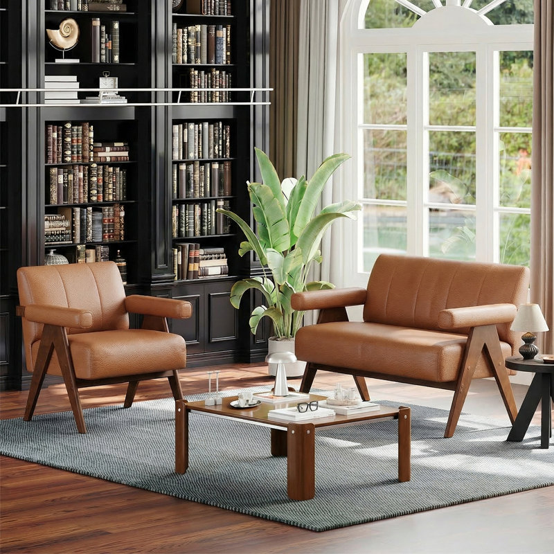 Ensemble de salon en similicuir brun (2 pièces), Brun, 2 Pcs: Chair, Loveseat