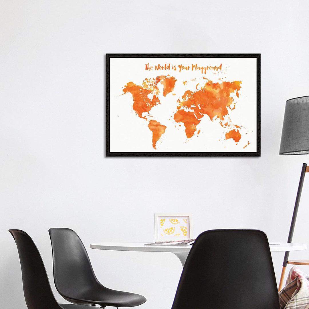 Orange Aquarell Kinderzimmer Weltkarte von Blursbyai - Galerie-verpackt Leinwand Giclée