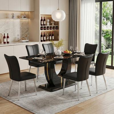 Modern 71" Rectangular Faux Marble Dining Set With Pedestal Base And Faux Leather Chairs