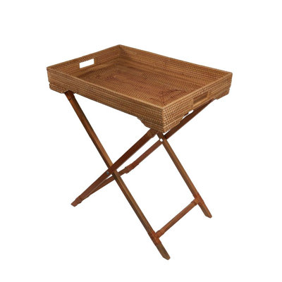 Flora Seagrass Foldable Tray Table with Wood Base, Natural Woven Indoor/Outdoor Accent Table