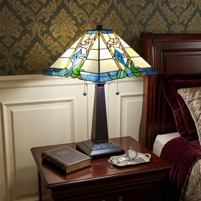 22" Dark Brown Metal Two Light Candlestick Table Lamp With Blue and Beige Shade
