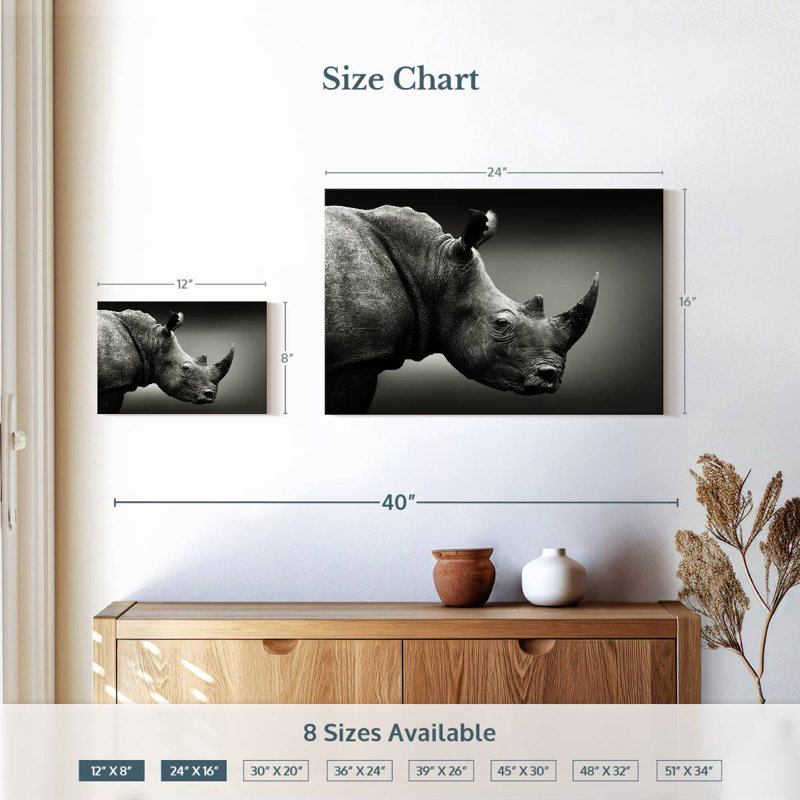 Rhinocéros noir et blanc, H 16 po x l 24 po
