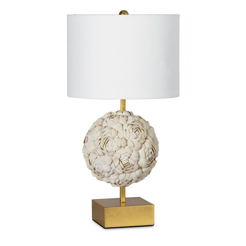 White Linen Coastal Shell Lamp with Polished Brass Base