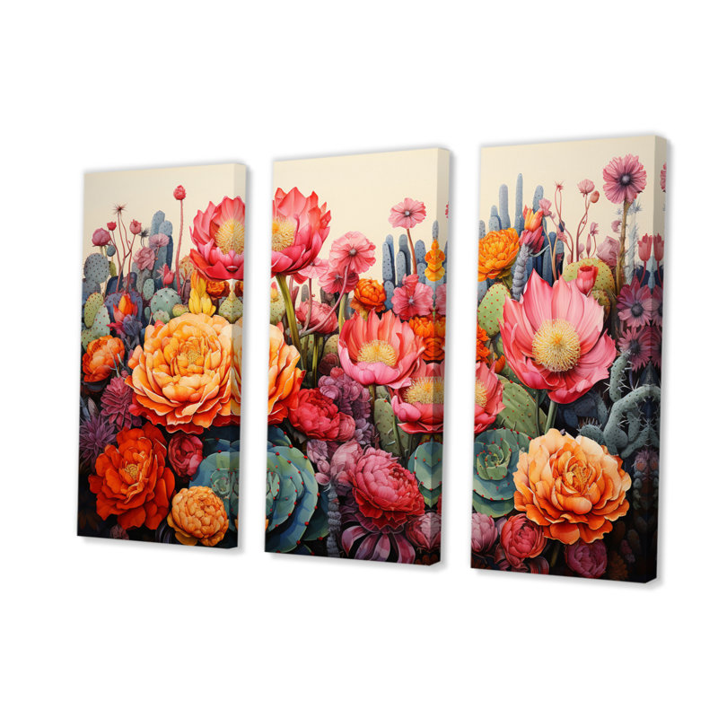 «Desert Cacti Garden IV» sur toile, reproduction de 3 pièces, H 28 po x l 36 po x P 1 po
