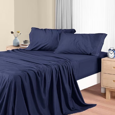 Full Size Cooling 4-Piece Sheet Set, Soft Breathable Bedding Sheets for Hot Sleepers, Deep Pocket Fits up to 16 Inch Mattress, Hypoallergenic Wrinkle Resistant Complete Bed Sheet Bedding Set-Navy