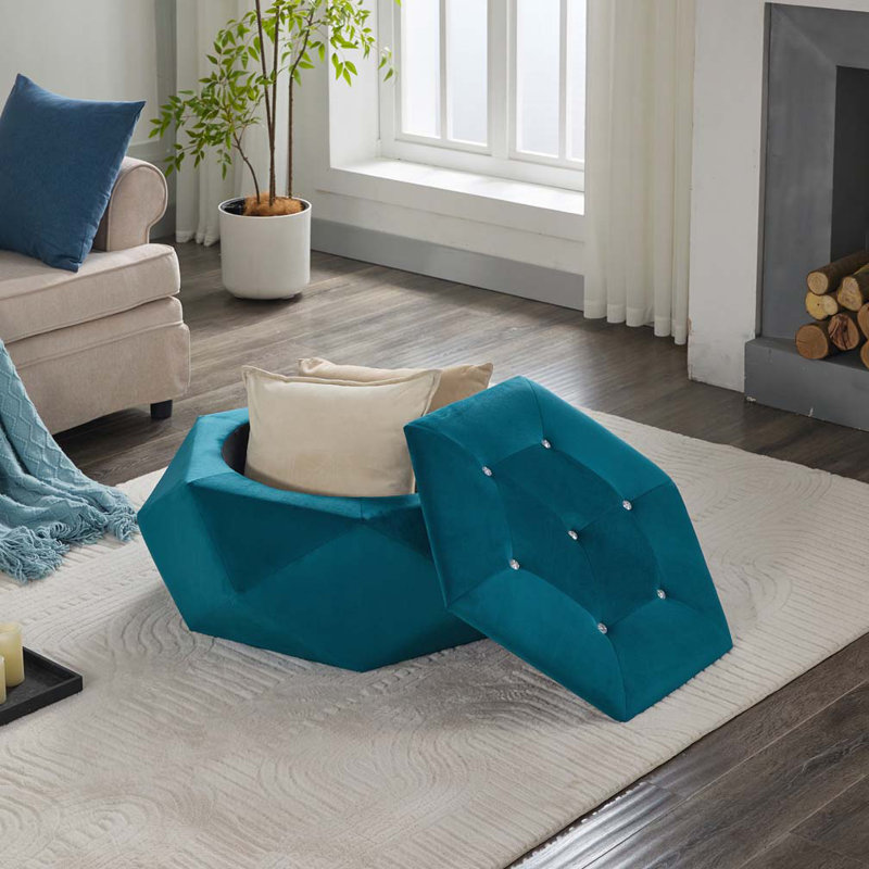 Velvet Fabric Tufted Storage Ottoman, Blue