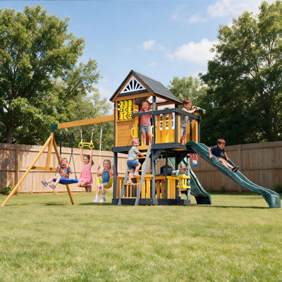 Extra Large Solid Wood Outdoor Playhouse Swing Set With Doule Slide, Kitchen Play Sets
