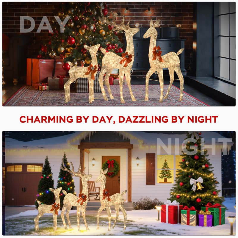 Light Up Deer Family Set Of 3, Outdoor Christmas Decorations, 63"/52"/37" Gold Reindeer With 210 Warm White LED, Christmas Deer Woven Rattan Deer With Bows, Indoor Outdoor Yard Lawn Xmas Decor