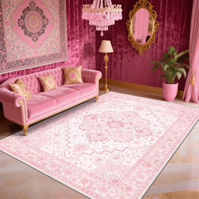 Tapis bohémien, tapis à poils courts pour la salle à manger de la chambre à coucher, tapis Boho rose 7 x 10 po, tapis pour le salon, tapis à culbutage pour les zones très fréquentées, tapis lavables pour la maison, antidérapant