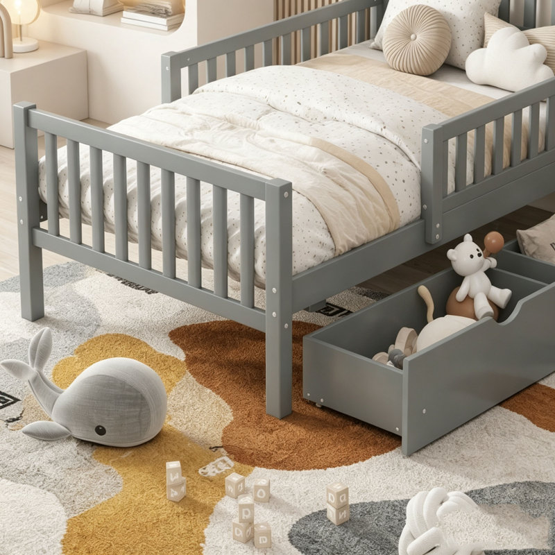 Lit plateforme simple en bois avec garde-corps des deux côtés et deux tiroirs de rangement, Lit simple, Gris