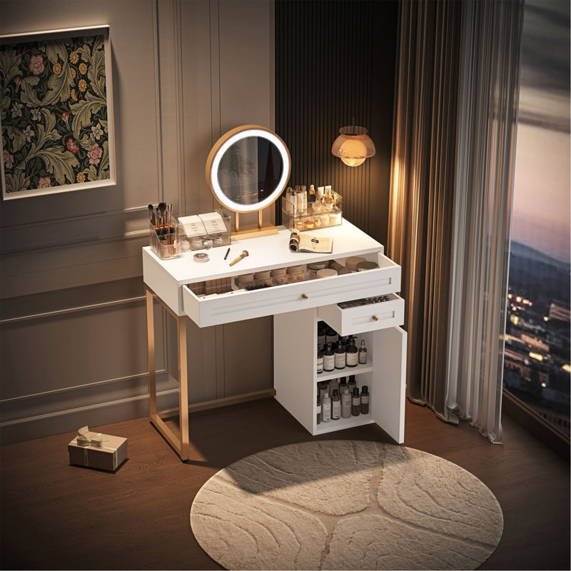 Coiffeuse avec miroir lumineux, 2 tiroirs et 1 armoire