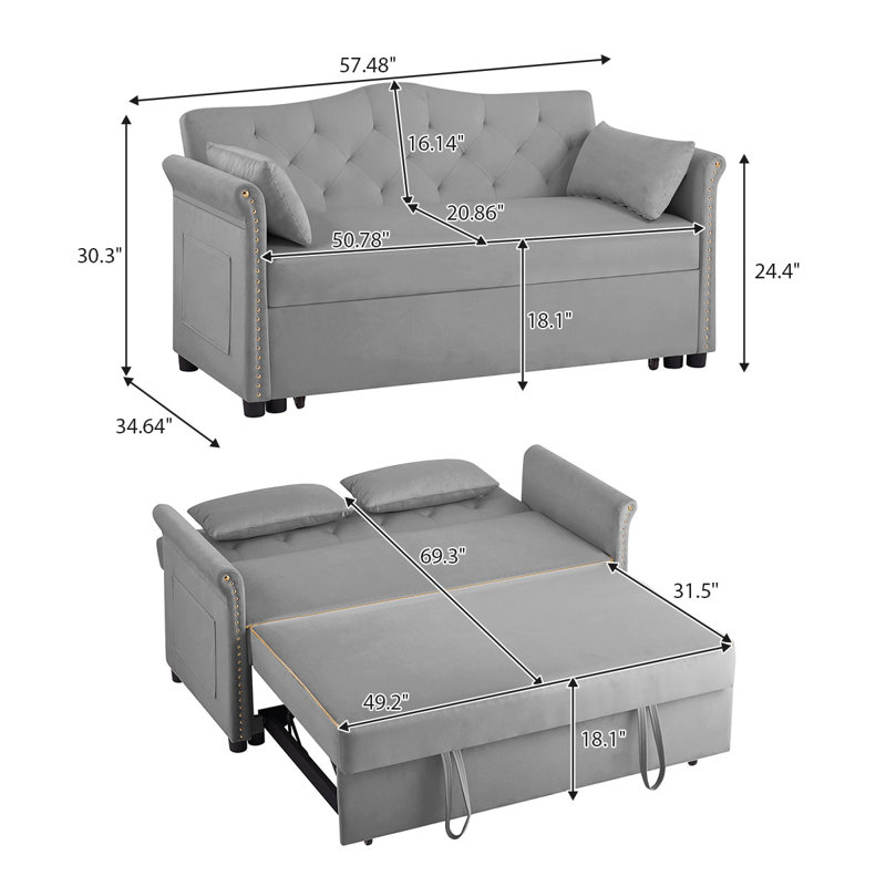 Canapé-lit rembourré en velours 57,5 po, Gris