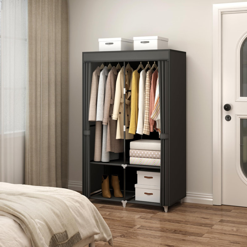 Portable Wardrobe For Small Rooms With 2 Clothes Rails And 4 Shelves, Black