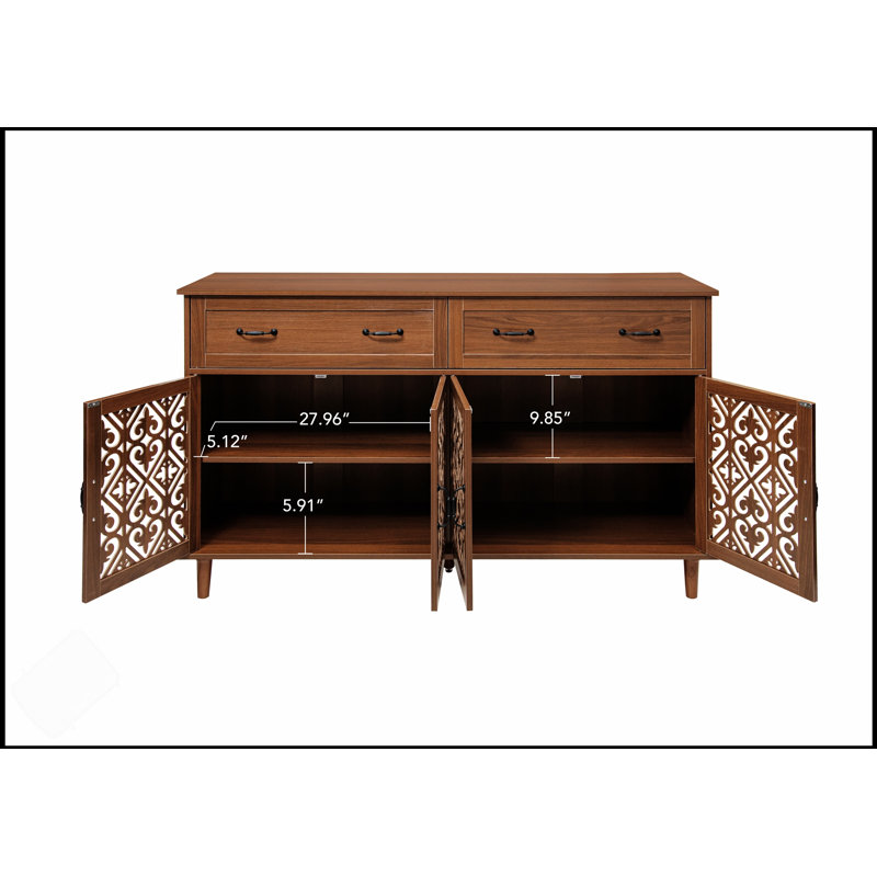 Vintage Sideboard Buffet Cabinet With Hand-Carved Hollow Doors, Distressed Wood, And Ample Storage For Living Room, Walnut
