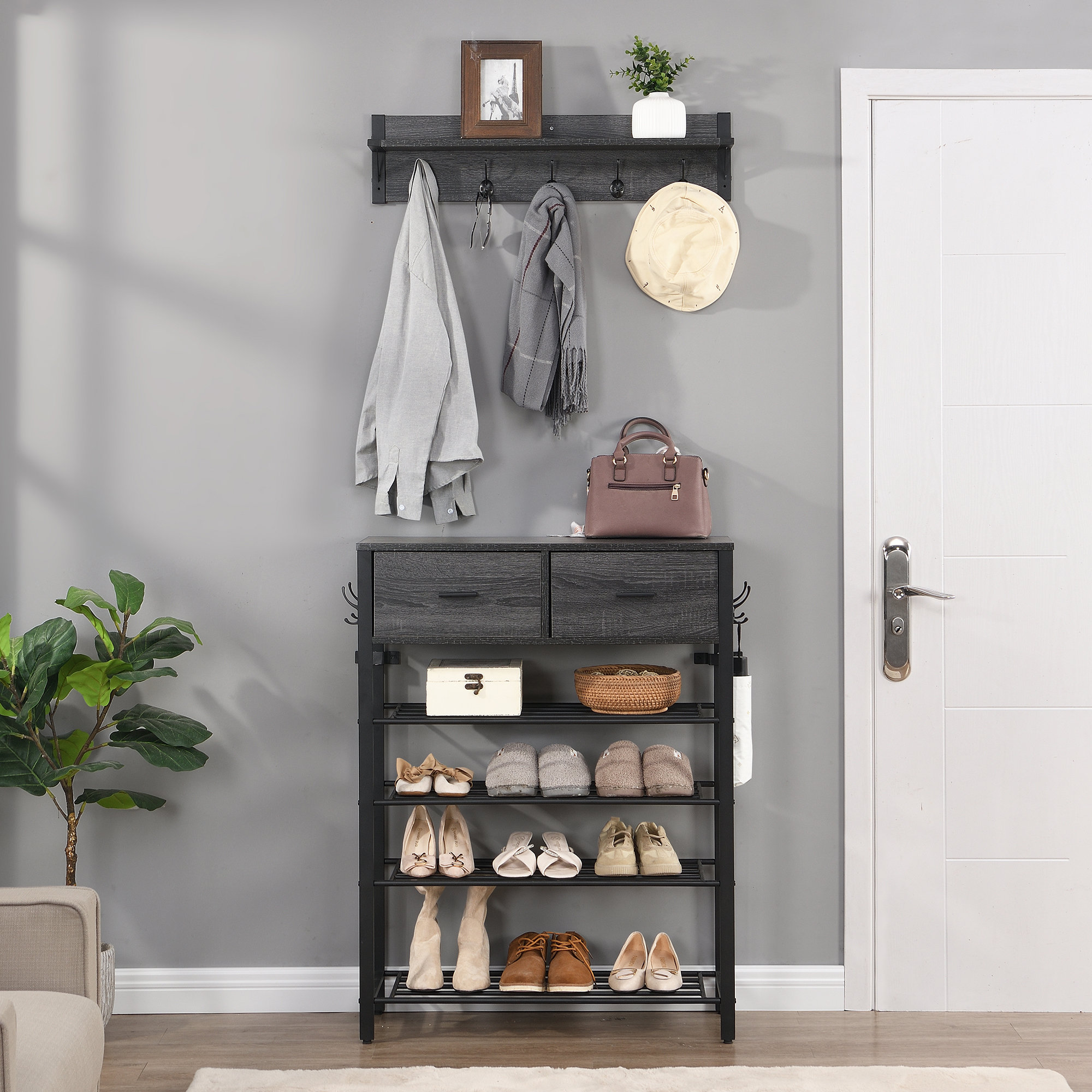 31.49'' Wide Hall Tree with 3 Storage Cubbies, 7 Hooks 17 Stories Color: Gray