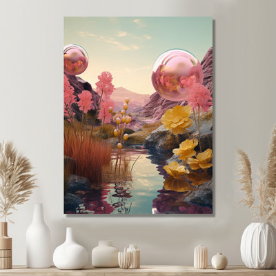 Pink Magic Bubble Above Dream River - Abstract Landscape Wall Art Print