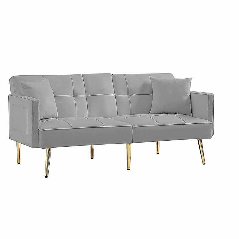 Grey Velvet Sofa Bed with Golden Metal Legs, Gray