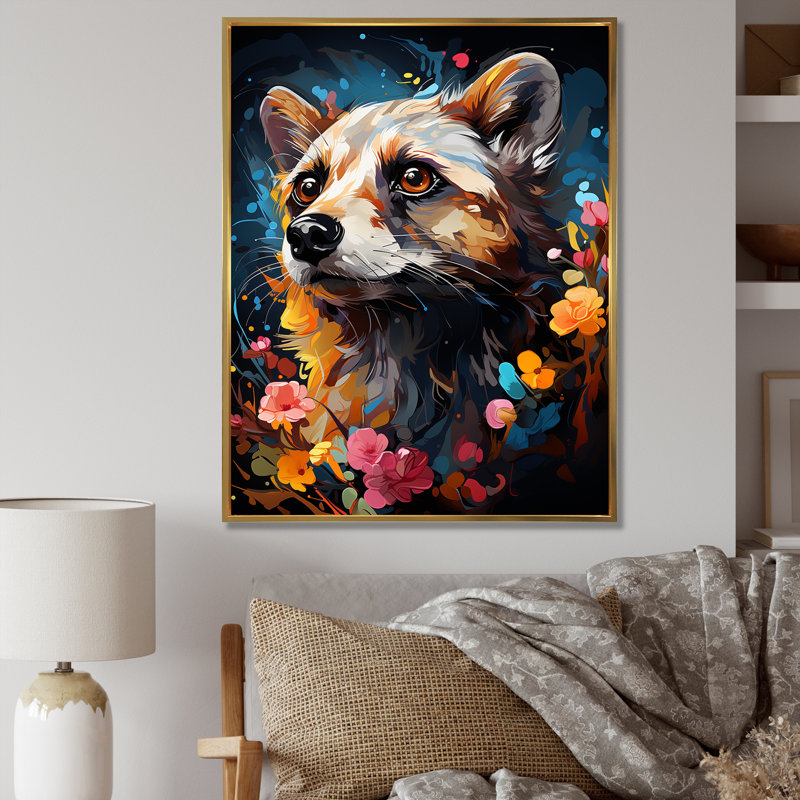 Yellow Dog Floral Meadows - Art mural chien, H 32 po x l 16 po x P 1 po, Cadre flottant doré