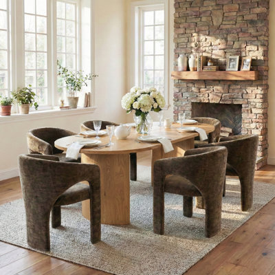 7 Piece Modern Dining Set With 79" Oak Oval Pedestal Table & 6 Sculptural Wide-Seat Arm Chairs