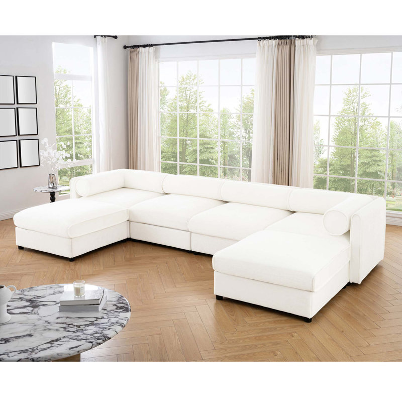 Canapé modulaire moderne en U avec rangement et 2 repose-pieds avec rangement, Chenille blanche