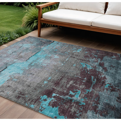 Tapis intérieur/extérieur lavable, 2,44 m x 3,05 m, motifs abstraits bleu sarcelle, gris et taupe