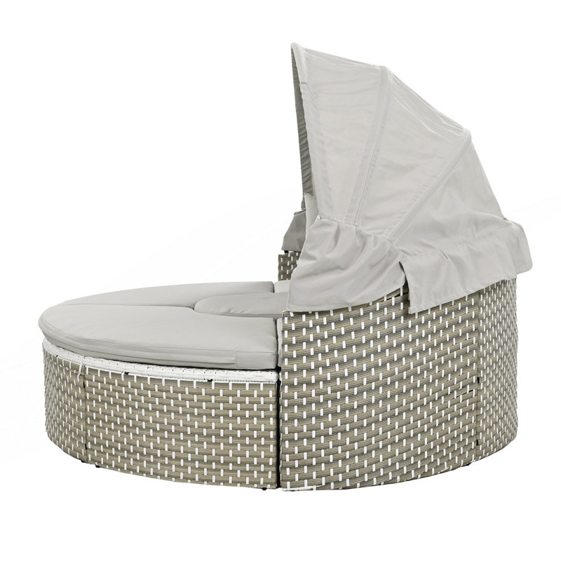 Patio Furniture, Round Outdoor Sectional Sofa Set, Rattan Daybed, Two-Tone Weave Sunbed With Retractable Canopy, Gray, Gray