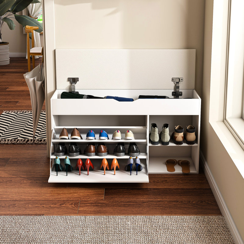 Modern Entryway Bench With Shoe Storage, Triple Storage Design, Adjustable 3 Flip-Up Drawers, Hidden Cabinet, Space Organizer, Lift-Top Rotating Rack, Structure, Soft Cushion For Hallway And Living