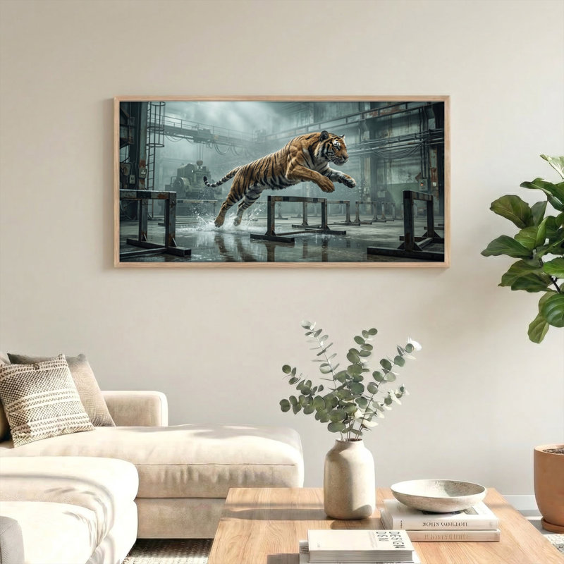 Ensemble de 1 tableau sur toile « Le saut du tigre », L 40 po x H 20 po, Naturel