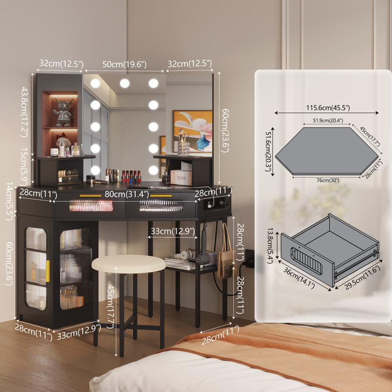 Corner Dressing Table with Motion Sensor 3-colour lighting, Charging Socket, Storage Drawers and Sto, Black