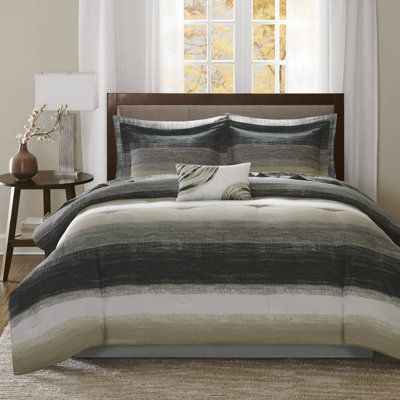 Saben Taupe Striped 9-Piece Queen Comforter Set with 100% Cotton Bed Sheets