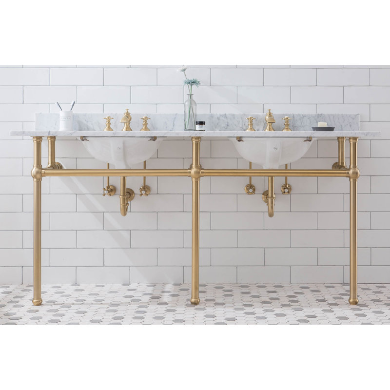 Embassy Stone Oval Console Bathroom Sink with Faucet and Overflow, Satin Brass