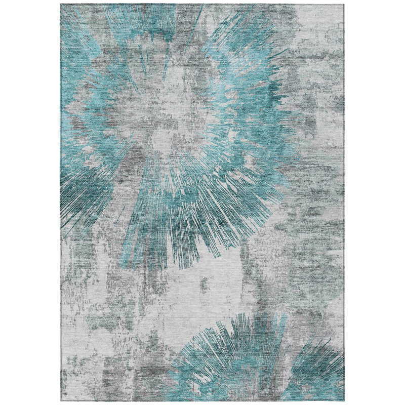Tapis extérieur lavable abstrait bleu sarcelle 5 pi x 8 pi bleu turquoise et gris