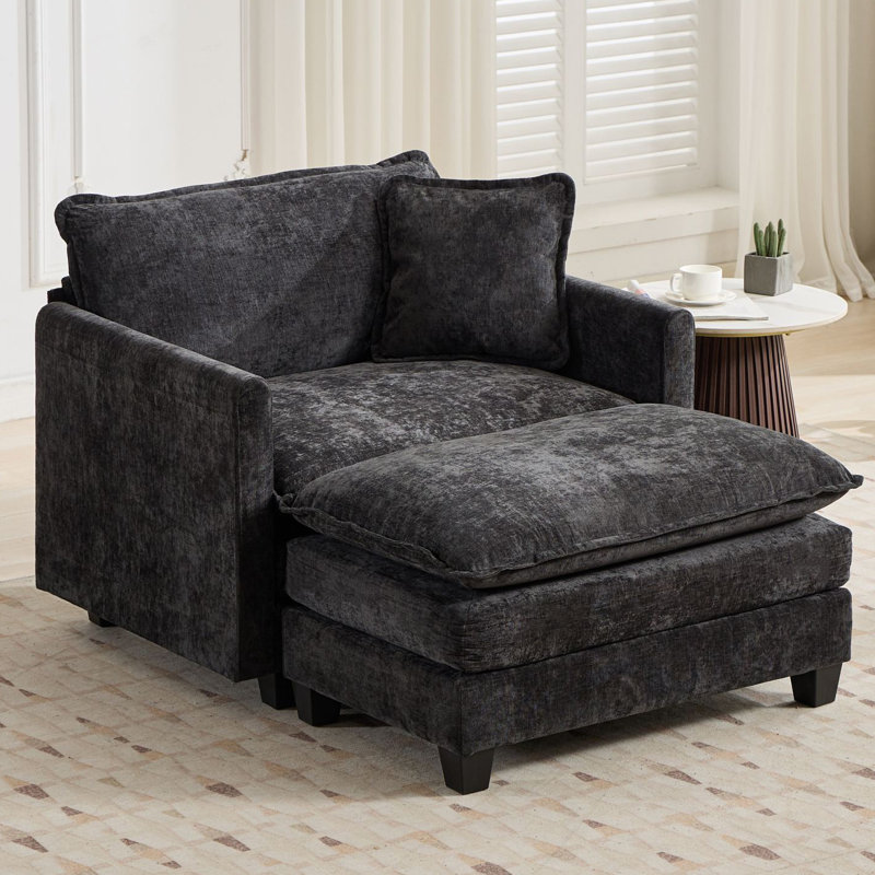 Fauteuil d'appoint surdimensionné en chenille de nuage avec repose-pieds Schmucker, Noir