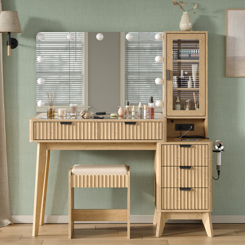 Vanity Desk with Mirror and Lights, 11 LED Lights Fluted Makeup Vanity Desk, 48" Big Modern Vanity Desk with 5 Drawers and Storage Shelves & Power Outlet, Bedroom