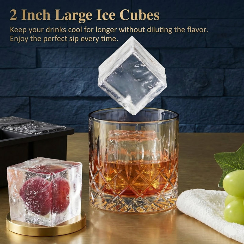 3-Piece Silicone Large Square Ice Tray Set of 2" Cubes with Covers, Grey/Green/Blue