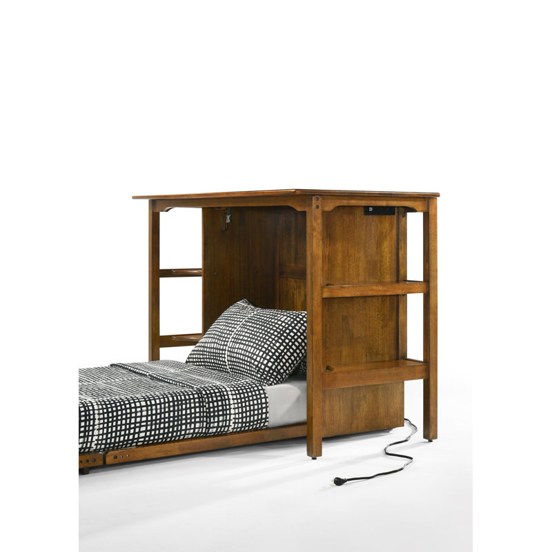 Lit de bureau simple Socorro avec matelas et prises de courant, Noyer noir