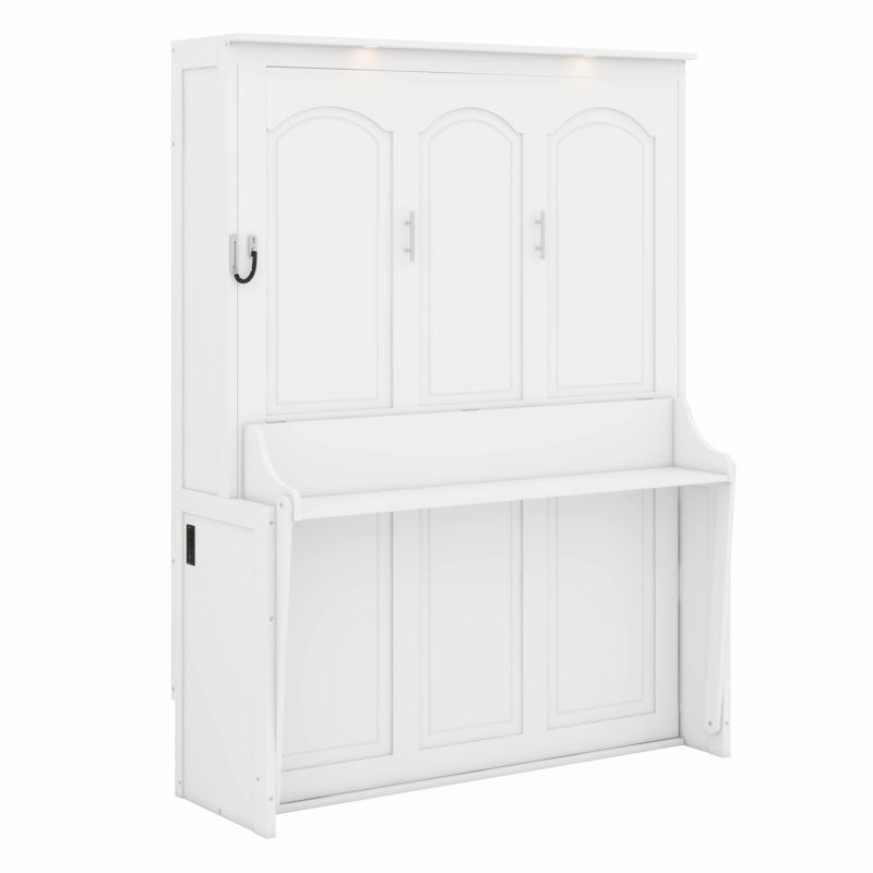 Lit escamotable avec bureau, lumières DEL et station de charge USB, Blanc