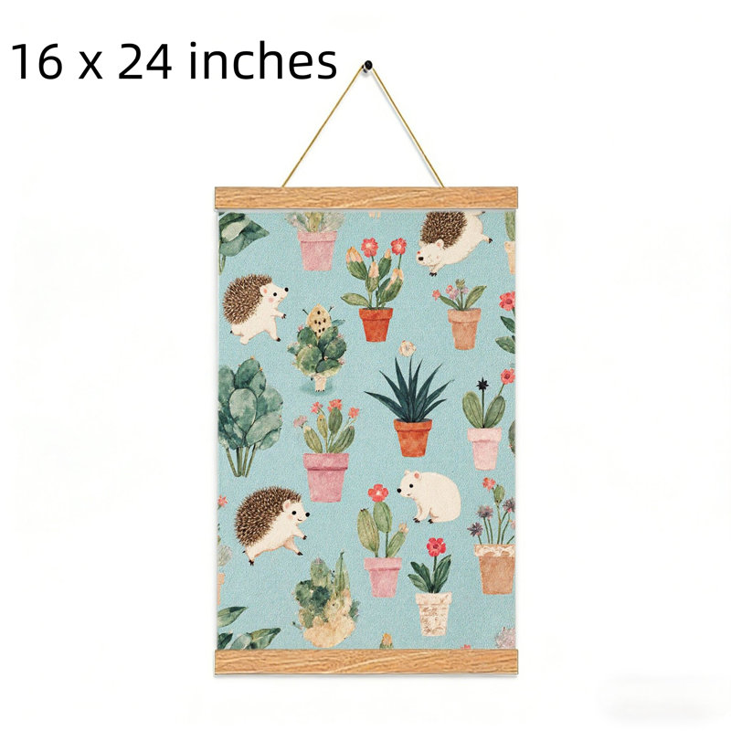 Hérissons et plantes en pot, art mural à volutes suspendues, cintre en bois intégré, l 16 x L 24