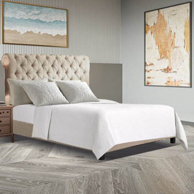 Linen Upholstered Bed Frame with Adjustable Headboard and Button Tufting