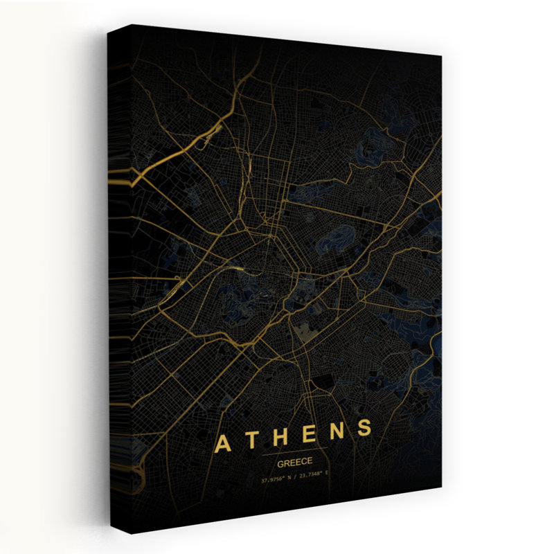 Art doré, carte abstraite moderne de la ville d'Athènes dorée, H 18 po x l 12 po