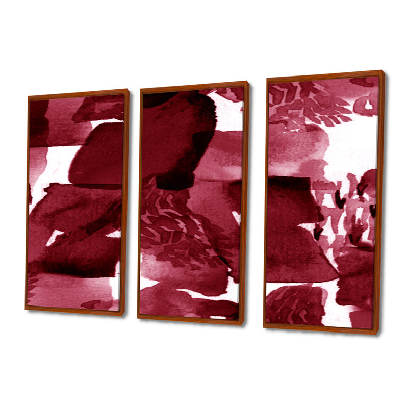 Abstrait bourgogne abstrait sur fond blanc - ensemble d'art moderne sur toile encadrée moderne de 3, H 28 po x l 36 po, Brun