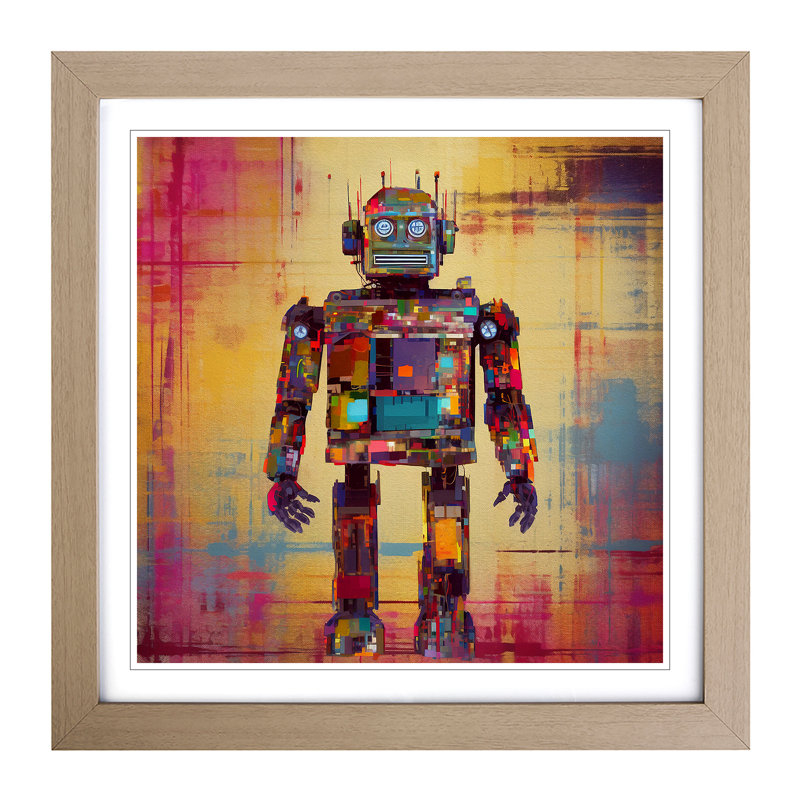 Robot Glitch - Single Picture Frame Print on Wood, Oak