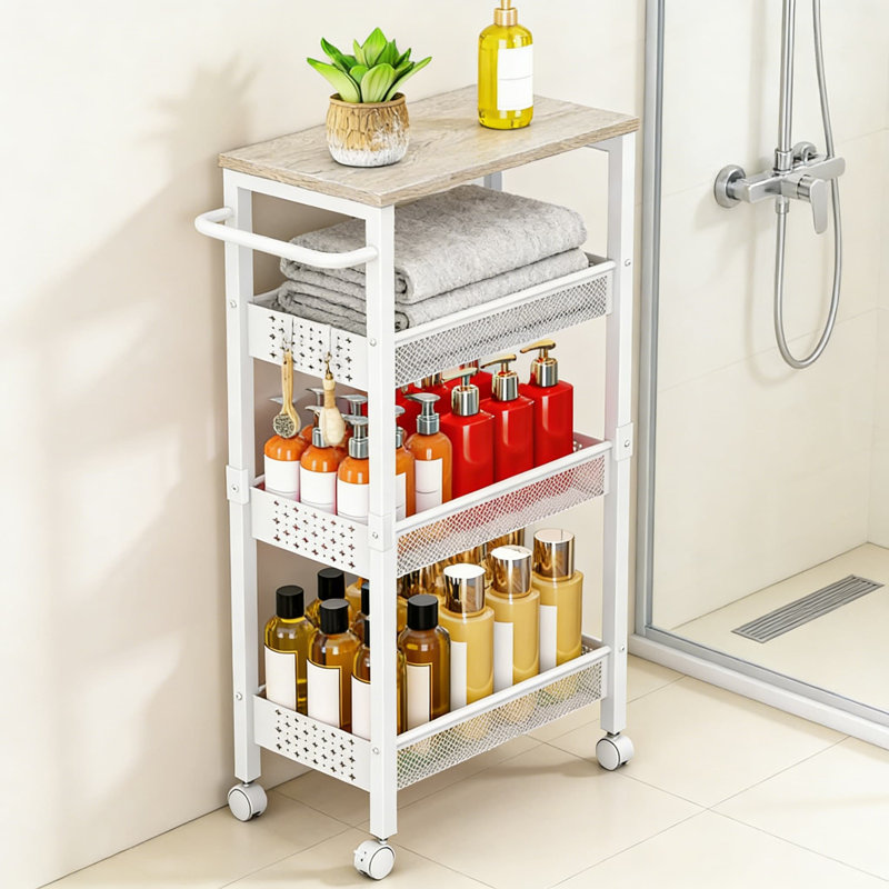 Chariot de rangement mince et roulant avec 4 tablettes à niveaux, organisateur étroit avec plateau en bois et roulettes pour la cuisine, la salle de bain, la salle de lavage et les petits espaces