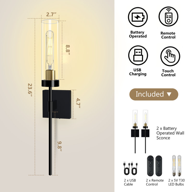 2-Pack Battery Operated Wall Sconce With Remote Control (Bulbs Included), Dimmable Wireless Wall Light For Bedroom Living Room  Hallway