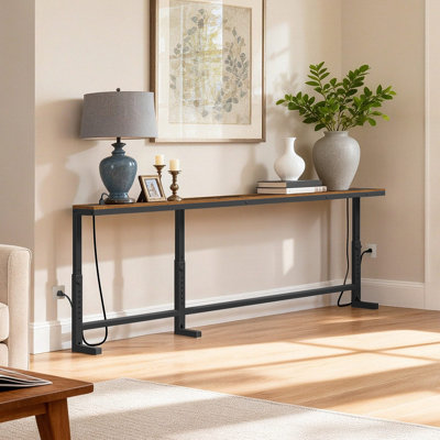 Narrow Console Table with Adjustable Height (24.3"-32.7") &2 Power Outlets Hallway Table L-Shaped Behind Couch Table
