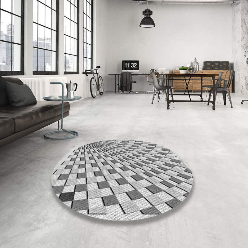 Tapis gris à motif géométrique Kibby, Rond 3 pi