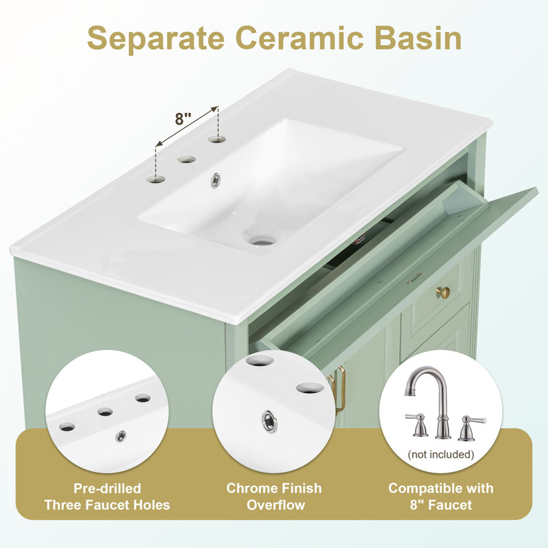 36" Bathroom Vanity With Sink, Vanity Cabinet With Flip-out Drawer, 3 Drawers, 2 Soft-close Doors, Solid Wood & Mdf, Elegant Gold Hardware