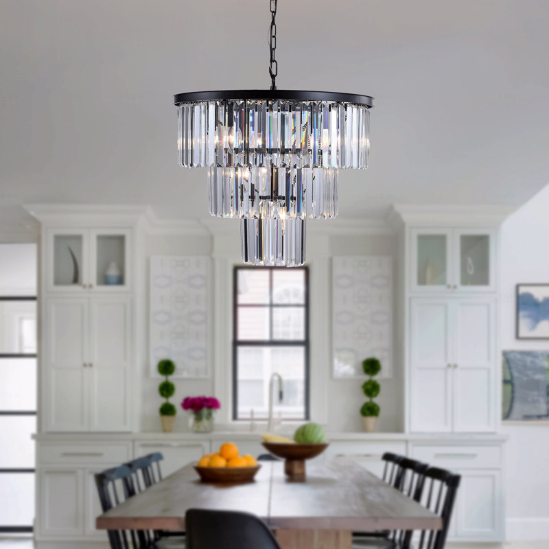 Lustre en cristal de luxe à 3 niveaux 20 "- 7 lumières avec cadre noir pour le salon et la salle à manger