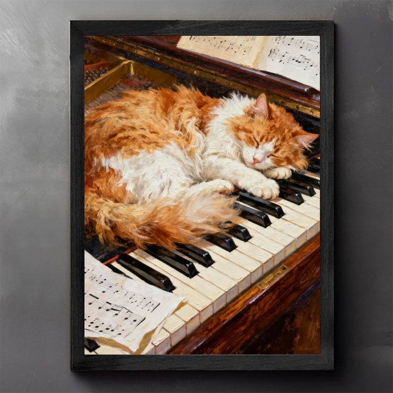 Art encadré noir, "Le chat orange qui dort sur le piano", reproduction d'art encadrée de style rétro, H 17 po x l 13 po